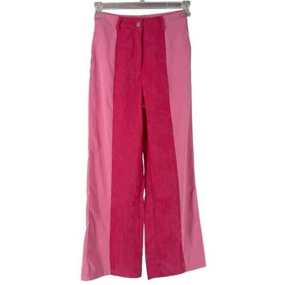 Pink Corduroy Pants Wide Leg High Rise XS Patchwork Dopamine Dressing Fun Artsy - Picture 1 of 9